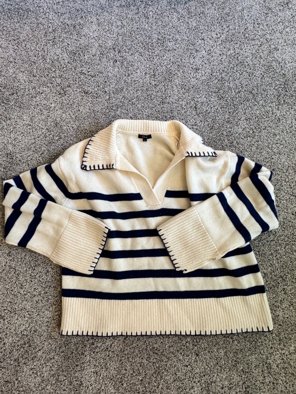 Rails Athena Wool Cashmere Striped Johnny Collar Sweater Navy Cream M